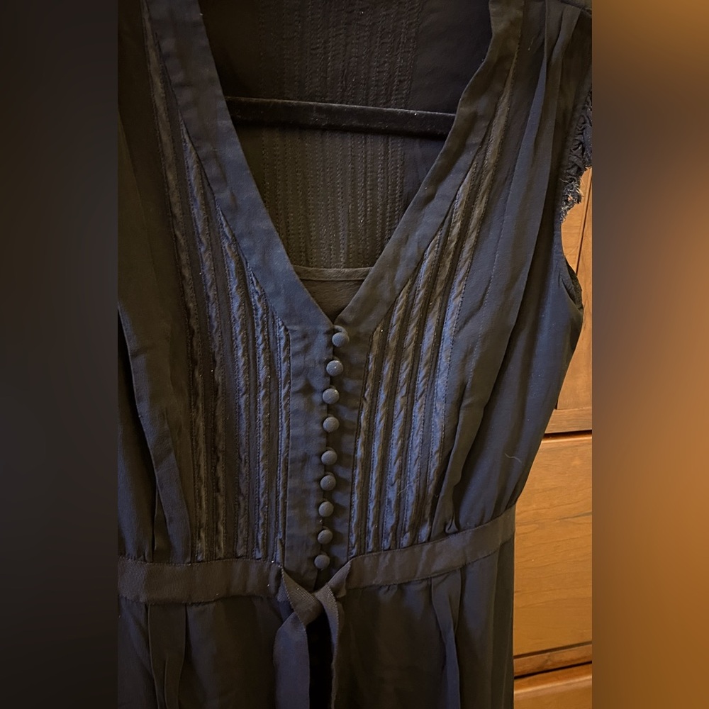 Theory semi-sheer dress, pleated front, ribbon waist, over adjustable silk slip - Picture 3 of 7